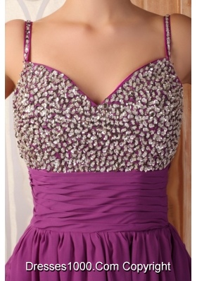 Sassy Fuchsia Mini-length Beaded Prom Gown with Spaghetti Straps