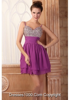 Sassy Fuchsia Mini-length Beaded Prom Gown with Spaghetti Straps