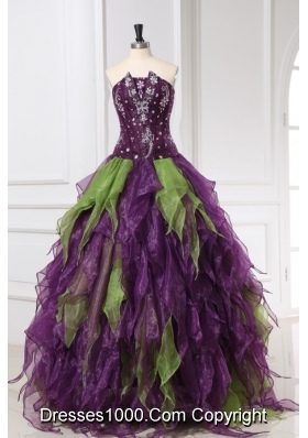 Quinceanera Dress with Rhinestones in Purple and Green Organza