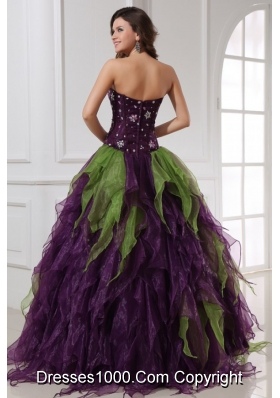 Quinceanera Dress with Rhinestones in Purple and Green Organza