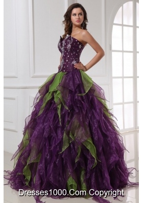 Quinceanera Dress with Rhinestones in Purple and Green Organza