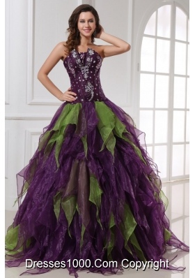Quinceanera Dress with Rhinestones in Purple and Green Organza