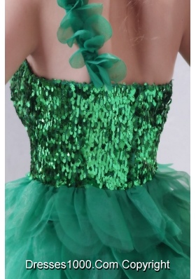 Mini-length One Shoulder Green Cocktail Dress with Sequins