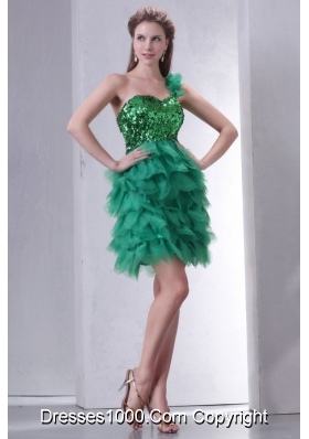 Mini-length One Shoulder Green Cocktail Dress with Sequins