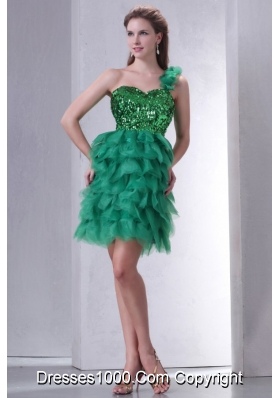 Mini-length One Shoulder Green Cocktail Dress with Sequins