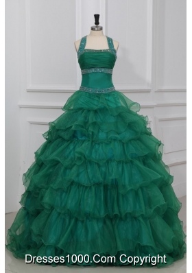 Emerald Green Halter-Neck Tiered Quinceanera Dress with Beading