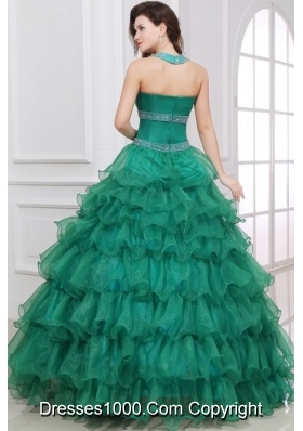 Emerald Green Halter-Neck Tiered Quinceanera Dress with Beading