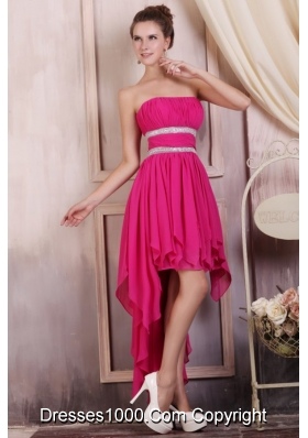 Fashionable Hot Pink High-low Beaded Prom Dress with Ruching