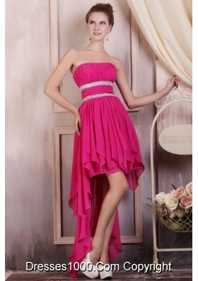 Fashionable Hot Pink High-low Beaded Prom Dress with Ruching