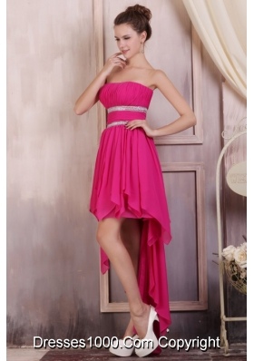 Fashionable Hot Pink High-low Beaded Prom Dress with Ruching