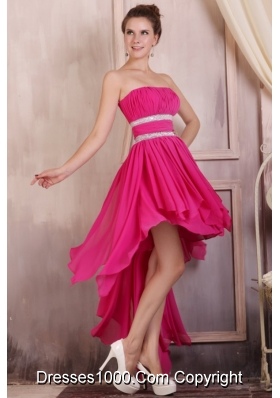 Fashionable Hot Pink High-low Beaded Prom Dress with Ruching