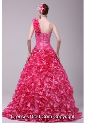 Unique One Shoulder Hot Pink Ruffled Zipper-up Quinceanera Dresses