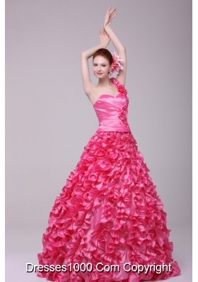 Unique One Shoulder Hot Pink Ruffled Zipper-up Quinceanera Dresses