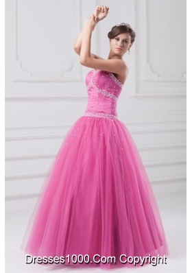 Sweetheart Hot Pink Beaded Tulle Floor-length Quinceanera Dress