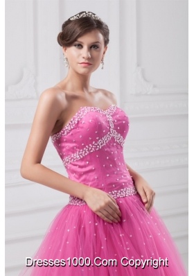 Sweetheart Hot Pink Beaded Tulle Floor-length Quinceanera Dress