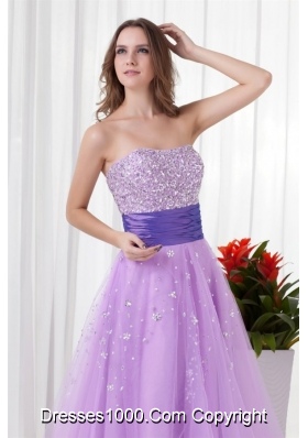 Strapless Lilac Evening Dresses with Beading in Tulle Fabric