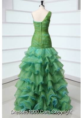 One Shoulder Ruffled Layers and Appliques Organza Prom Gown