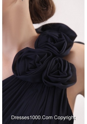 Beautiful One Shoulder Navy Blue Prom Dress with Beading and Flowers