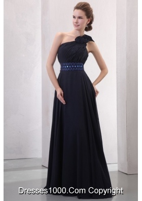 Beautiful One Shoulder Navy Blue Prom Dress with Beading and Flowers