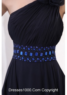 Beautiful One Shoulder Navy Blue Prom Dress with Beading and Flowers