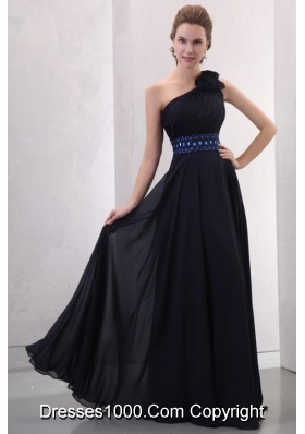 Beautiful One Shoulder Navy Blue Prom Dress with Beading and Flowers