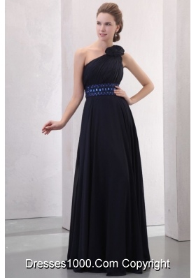 Beautiful One Shoulder Navy Blue Prom Dress with Beading and Flowers