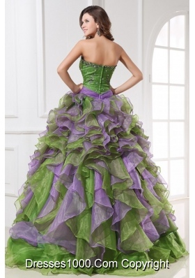 Multi-colored Organza Quinceanera Dress with Beading and Ruffles