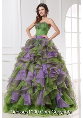 Multi-colored Organza Quinceanera Dress with Beading and Ruffles