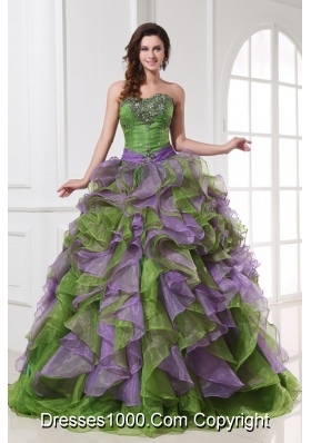 Multi-colored Organza Quinceanera Dress with Beading and Ruffles