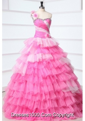 One Shoulder Tiered Quinceanera Dress with Beading and Handmade Flowers