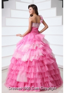 One Shoulder Tiered Quinceanera Dress with Beading and Handmade Flowers