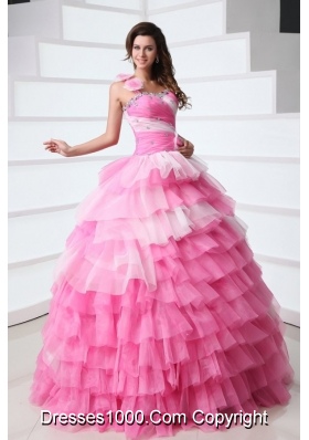 One Shoulder Tiered Quinceanera Dress with Beading and Handmade Flowers