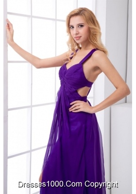 Luxurious Ruching Purple Ankle-length Prom Dresses with Criss Cross