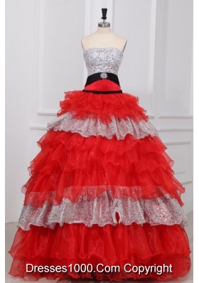 Silver and Red Sequin and Organza Ball Gown Dresses for Ladies