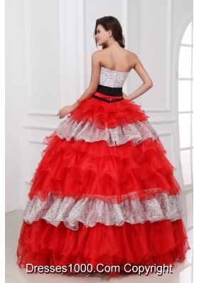 Silver and Red Sequin and Organza Ball Gown Dresses for Ladies