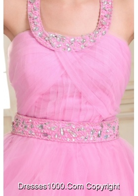 Halter Top Mini-length Prom Dress in Rose Pink with Beading