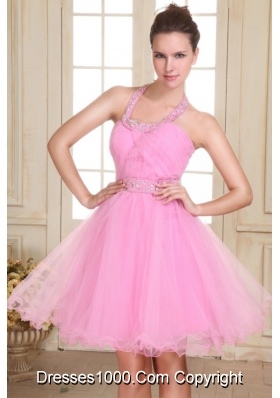 Halter Top Mini-length Prom Dress in Rose Pink with Beading