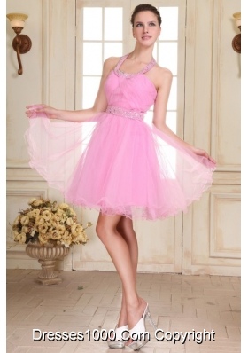 Halter Top Mini-length Prom Dress in Rose Pink with Beading