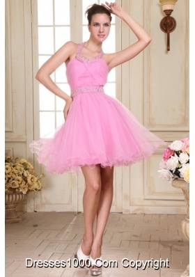 Halter Top Mini-length Prom Dress in Rose Pink with Beading