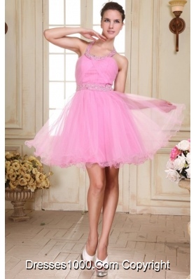 Halter Top Mini-length Prom Dress in Rose Pink with Beading