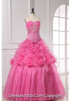 Pink Sweetheart Quinceanera Dress with Appliques and Rolling Flowers