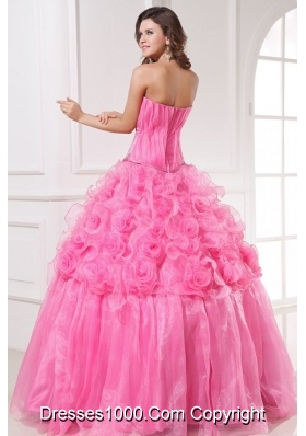 Pink Sweetheart Quinceanera Dress with Appliques and Rolling Flowers