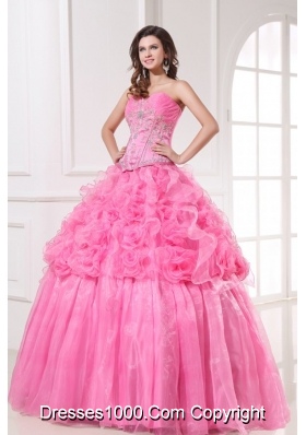 Pink Sweetheart Quinceanera Dress with Appliques and Rolling Flowers