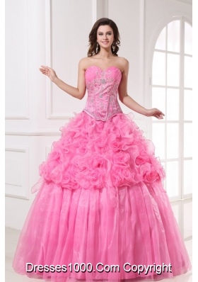 Pink Sweetheart Quinceanera Dress with Appliques and Rolling Flowers
