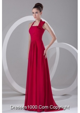 Discount Red Empire Halter Ruched Chiffon Prom Dress for Ladies