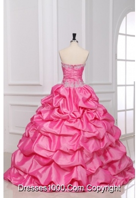 Rose Pink Sweet 16th Dress with Appliques and Pick-ups in Taffeta