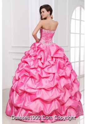 Rose Pink Sweet 16th Dress with Appliques and Pick-ups in Taffeta