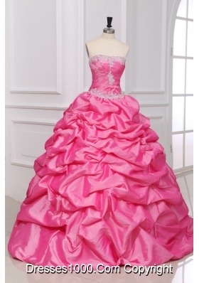 Rose Pink Sweet 16th Dress with Appliques and Pick-ups in Taffeta