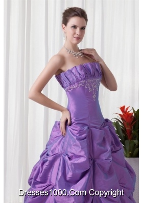 Cheap Strapless Lavender Quinceanera Dress with Embroidery and Pick-ups