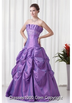 Cheap Strapless Lavender Quinceanera Dress with Embroidery and Pick-ups